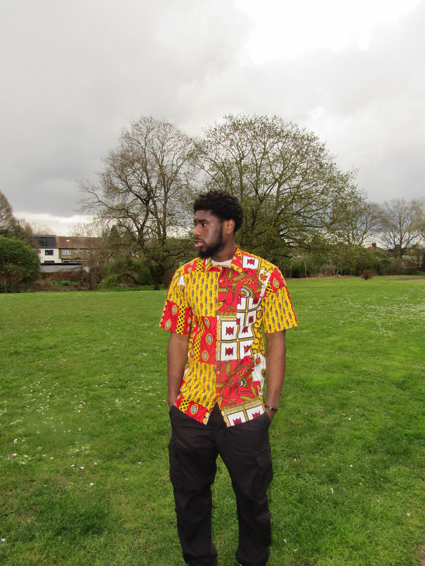 Men's African Print Short Sleeve Shirt/ Red and White