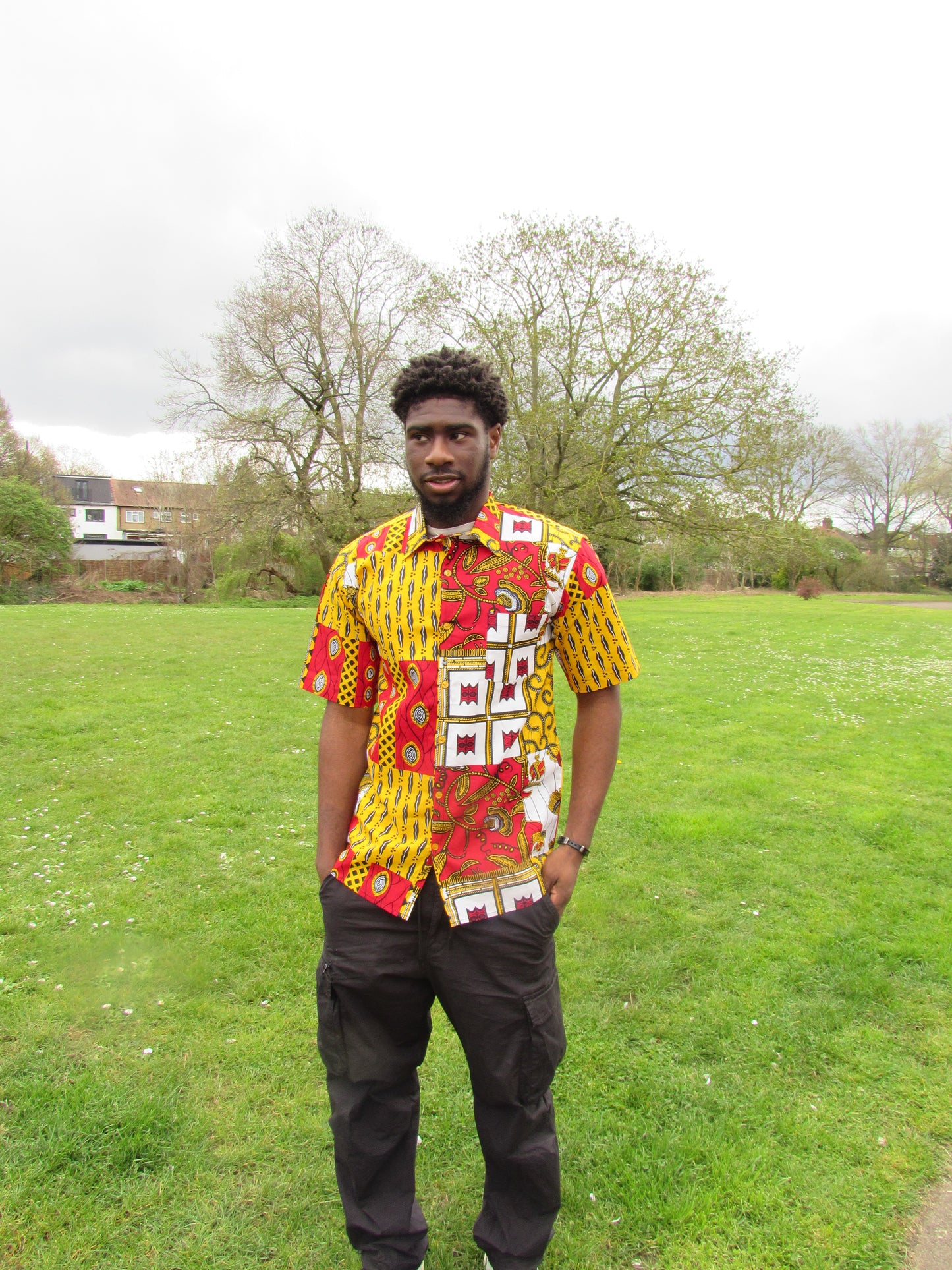 Men's African Print Short Sleeve Shirt/ Red and White