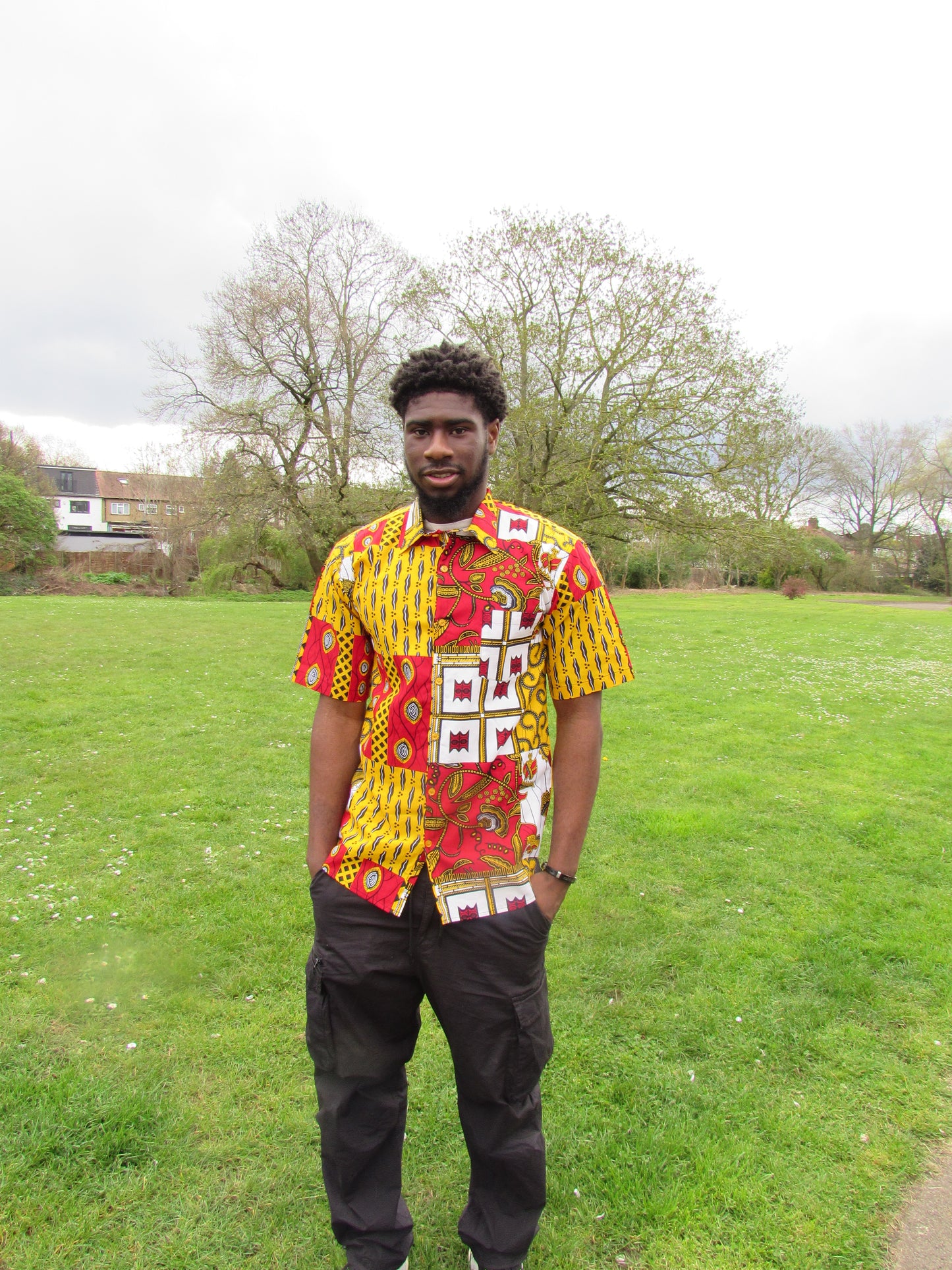 Men's African Print Short Sleeve Shirt/ Red and White
