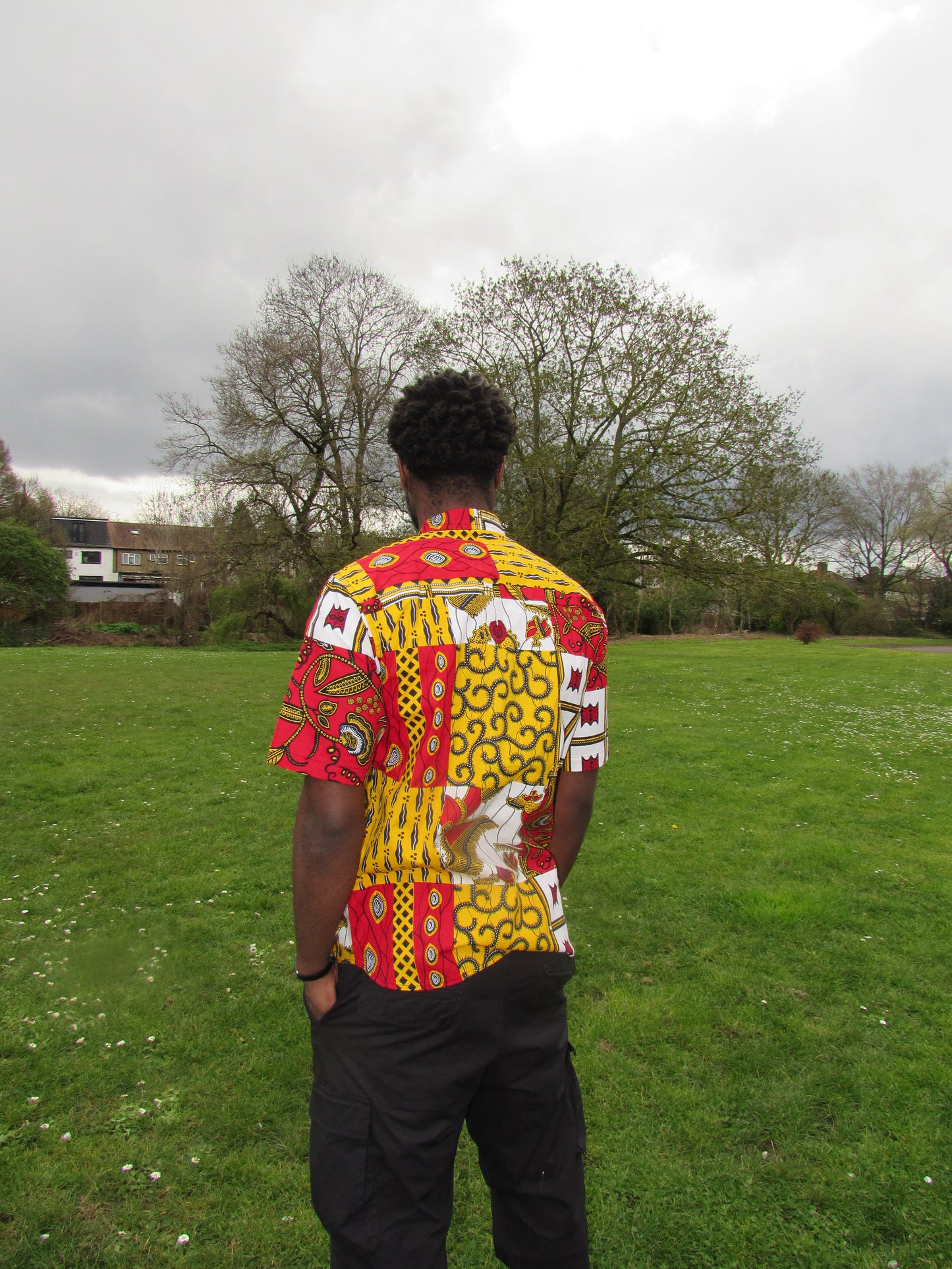 Men's African Print Short Sleeve Shirt/ Red and White