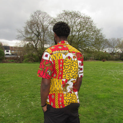 Men's African Print Short Sleeve Shirt/ Red and White