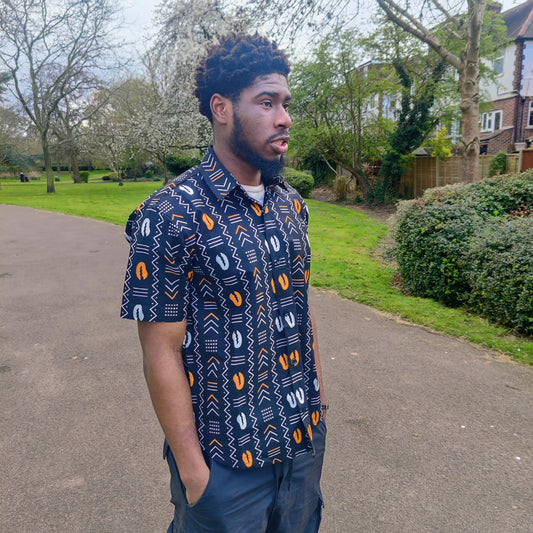 Men's African Print Short Sleeve Shirt/ Black