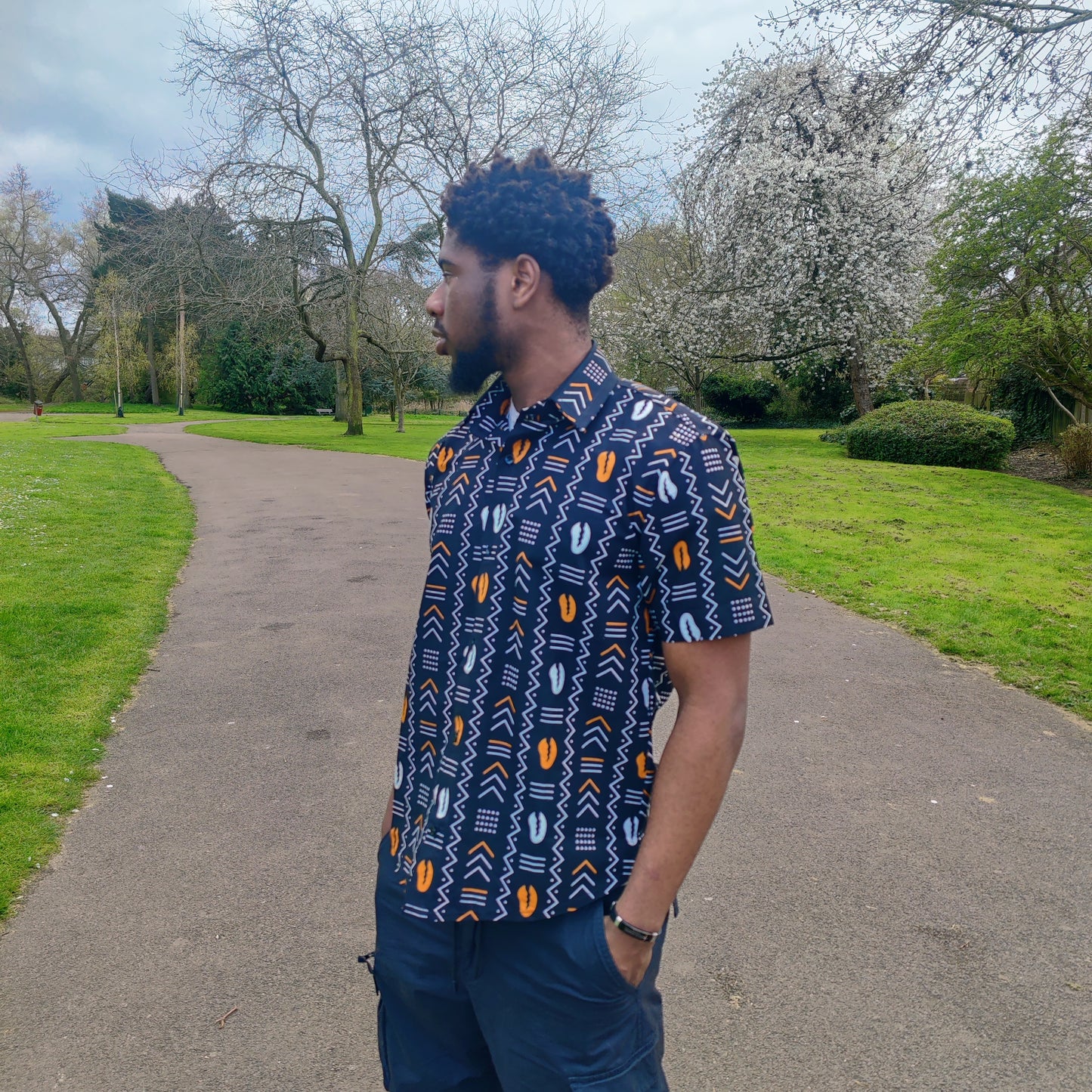 Men's African Print Short Sleeve Shirt/ Black