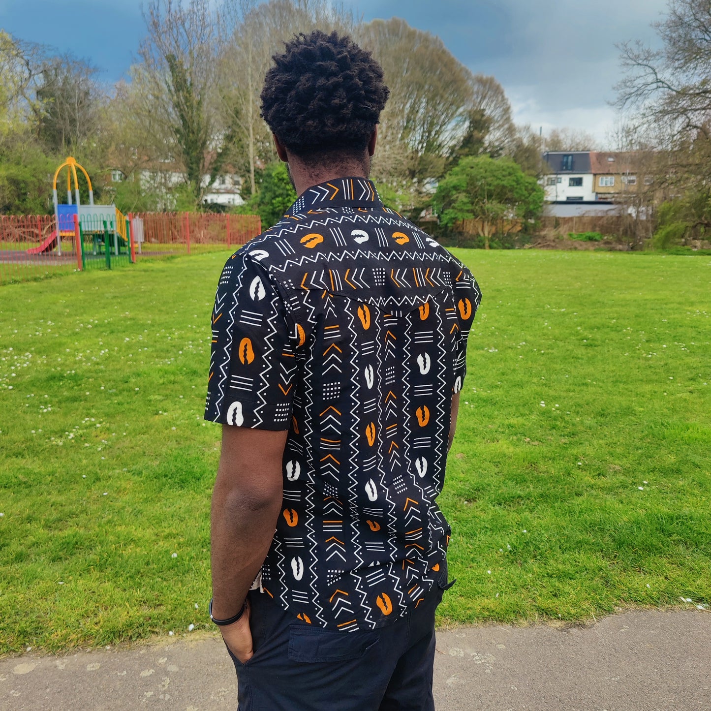 Men's African Print Short Sleeve Shirt/ Black