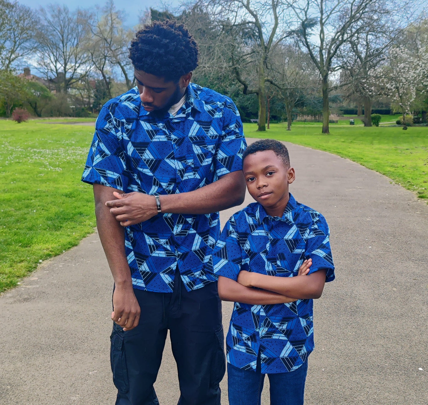 Men's African Print Short Sleeve Shirt/ Blue