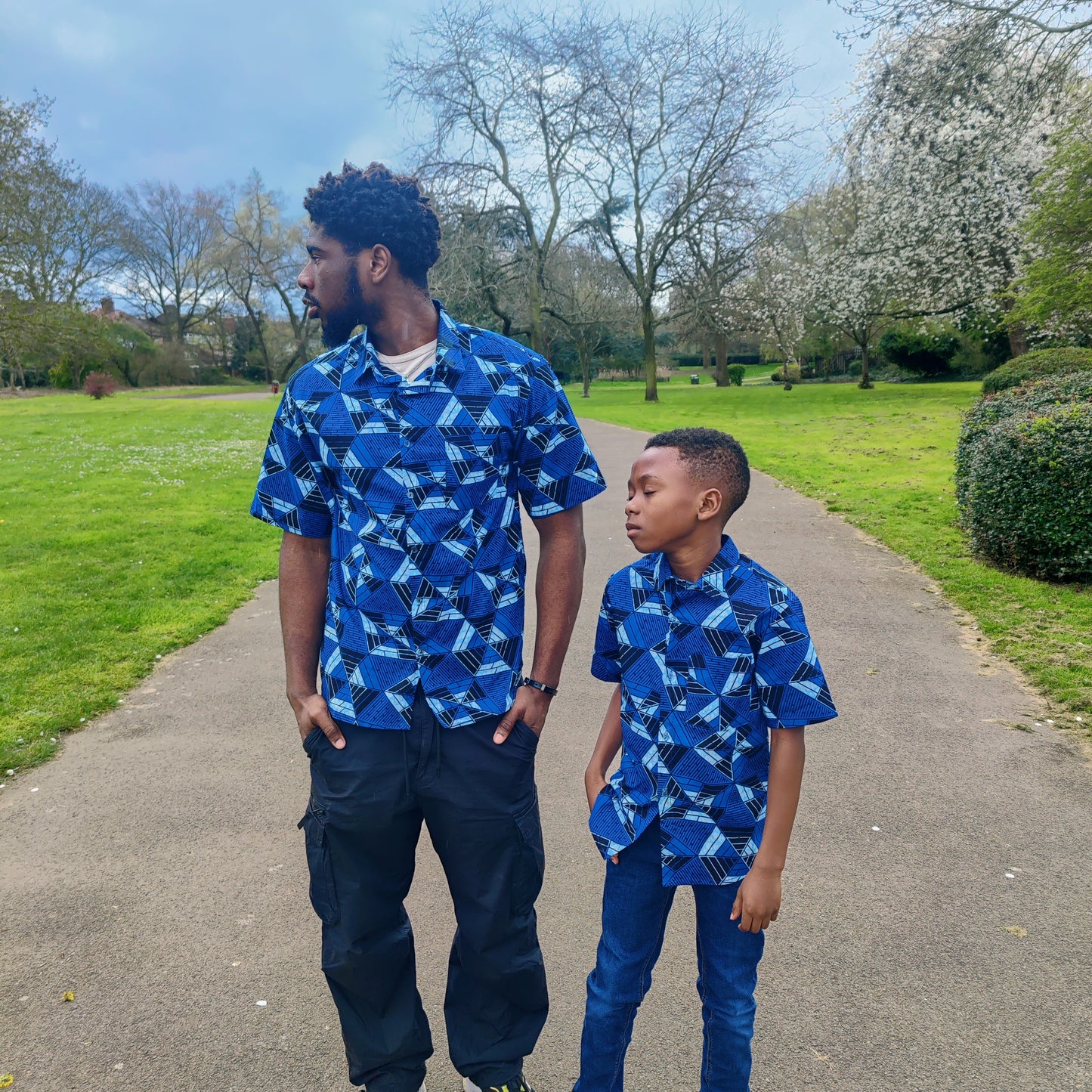 Men's African Print Short Sleeve Shirt/ Blue