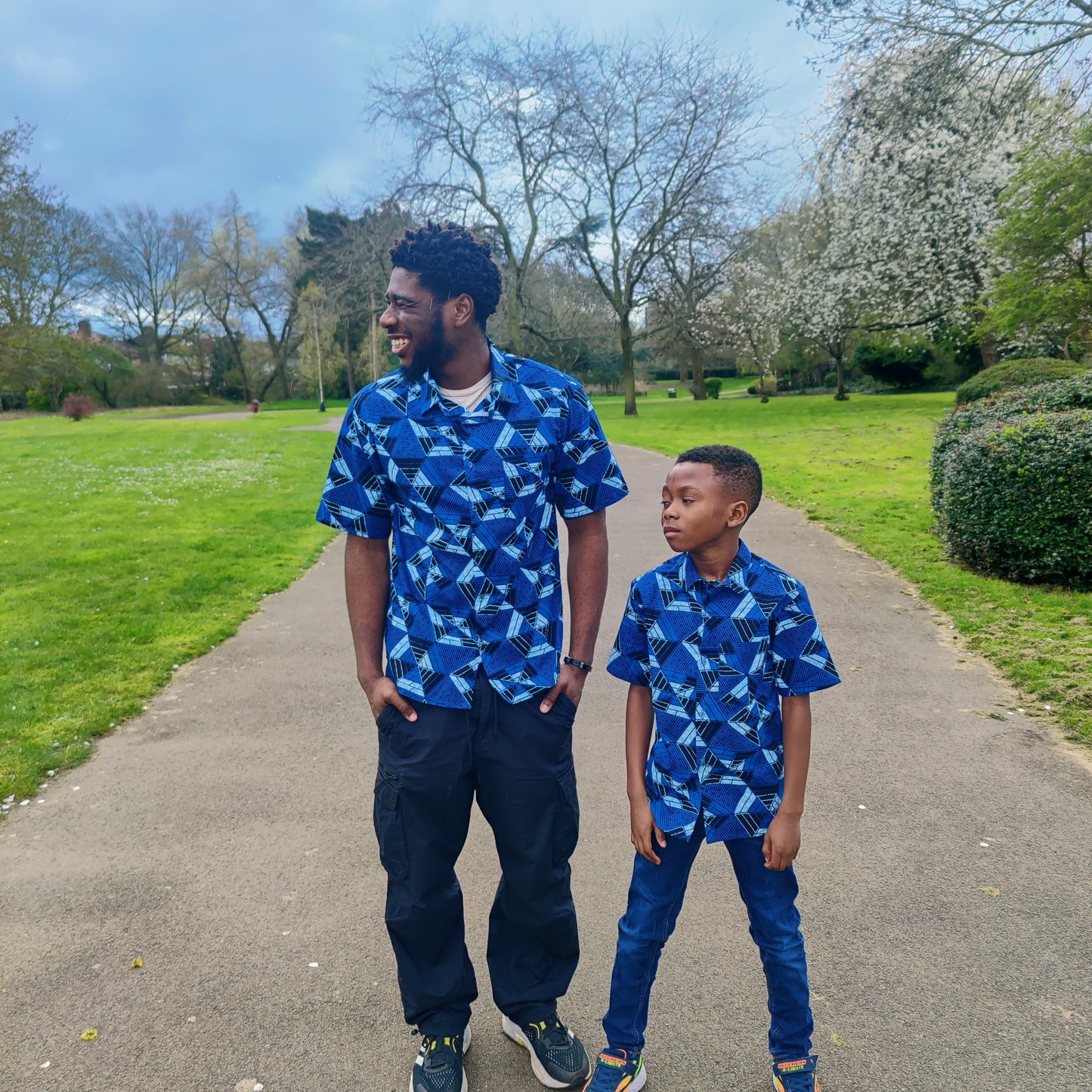 Men's African Print Short Sleeve Shirt/ Blue