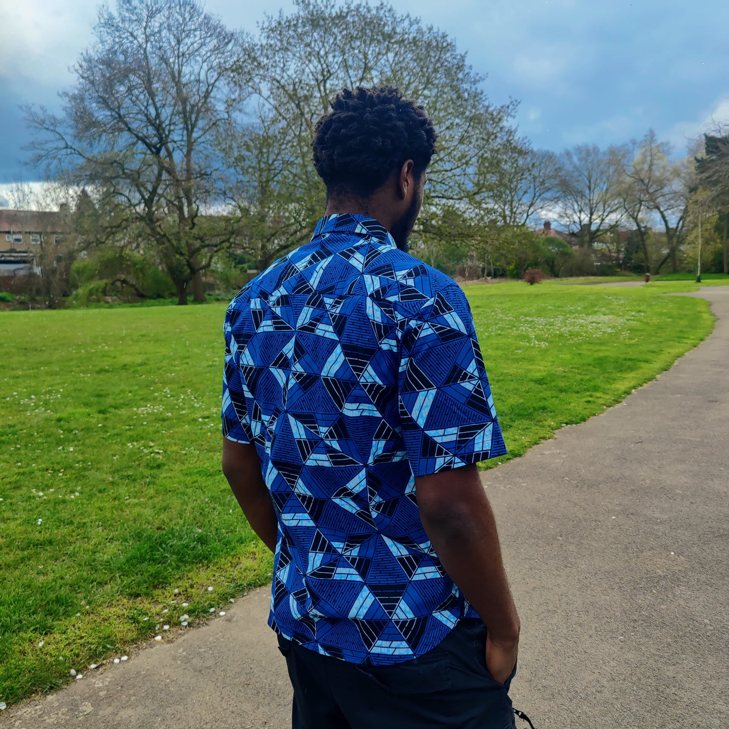 Men's African Print Short Sleeve Shirt/ Blue