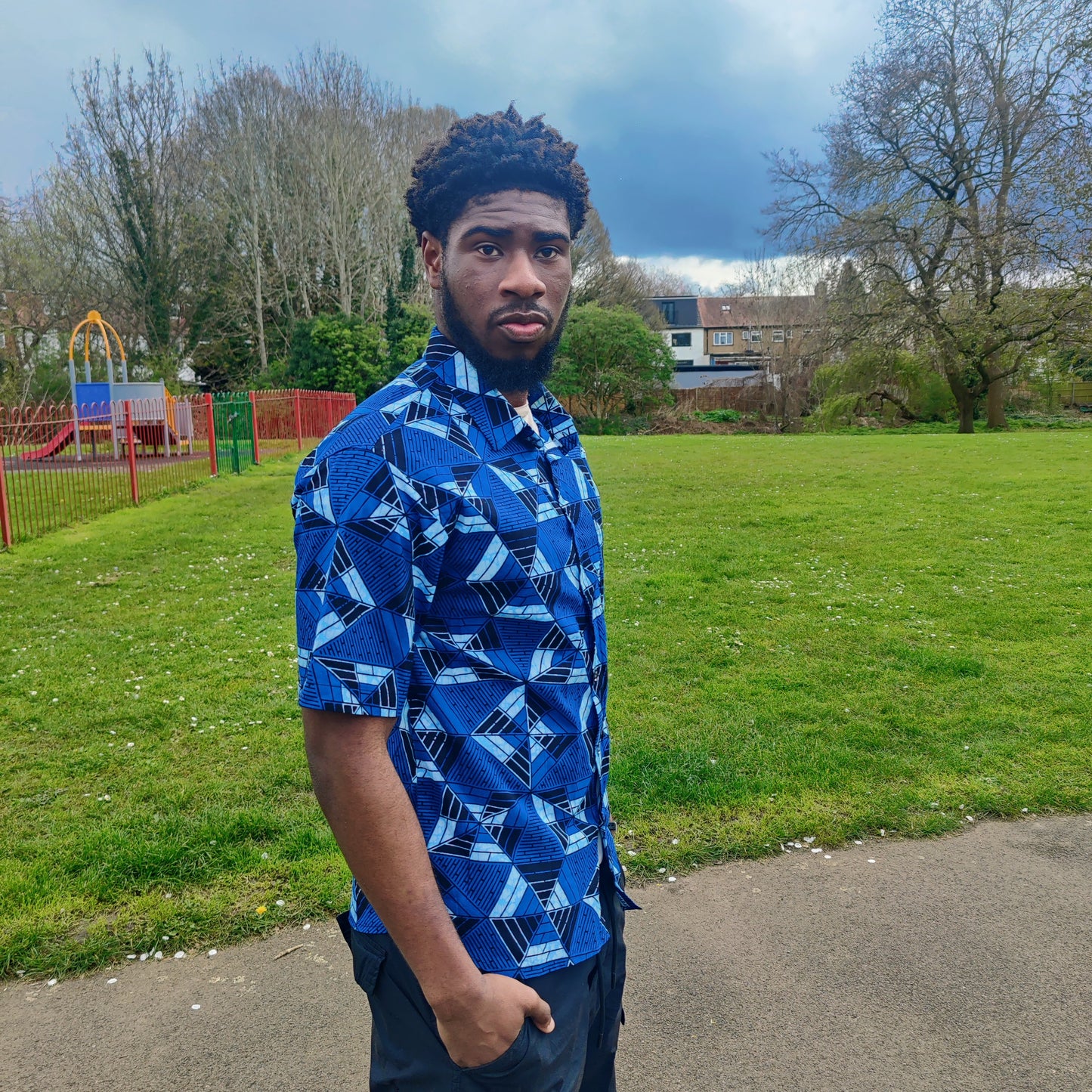 Men's African Print Short Sleeve Shirt/ Blue