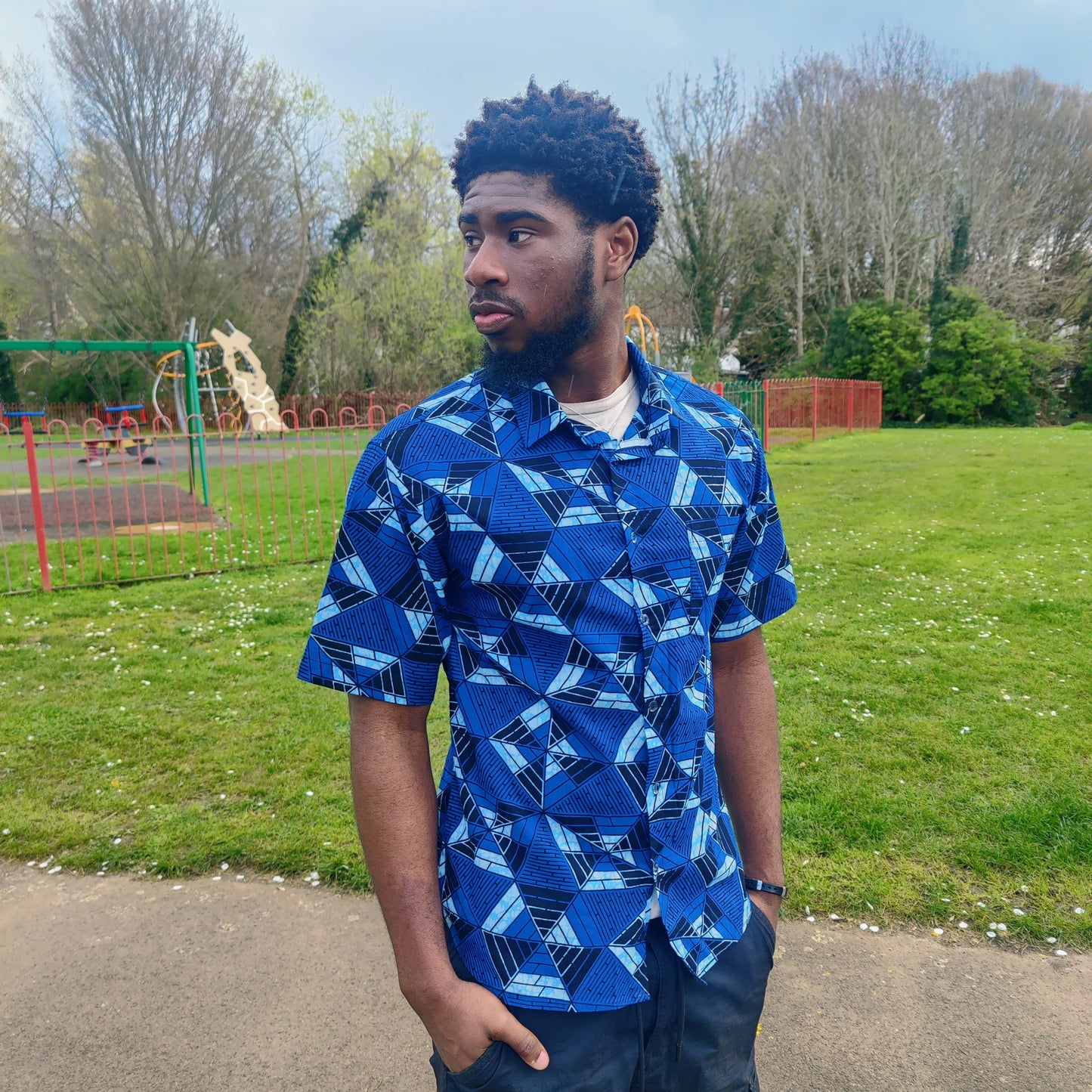 Men's African Print Short Sleeve Shirt/ Blue