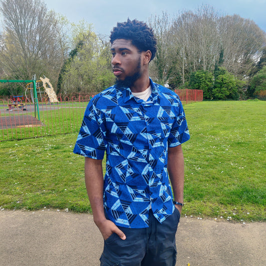 Men's African Print Short Sleeve Shirt/ Blue
