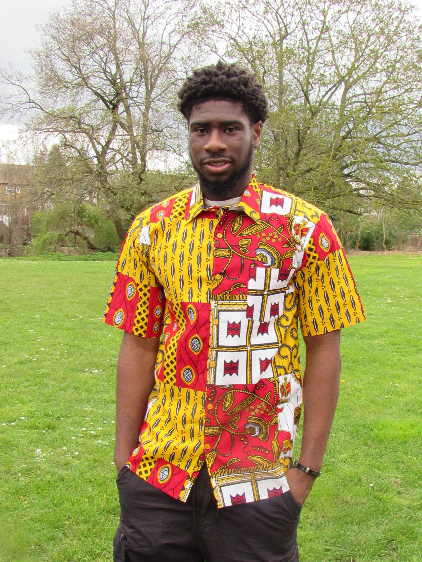 Men's African Print Short Sleeve Shirt/ Red and White