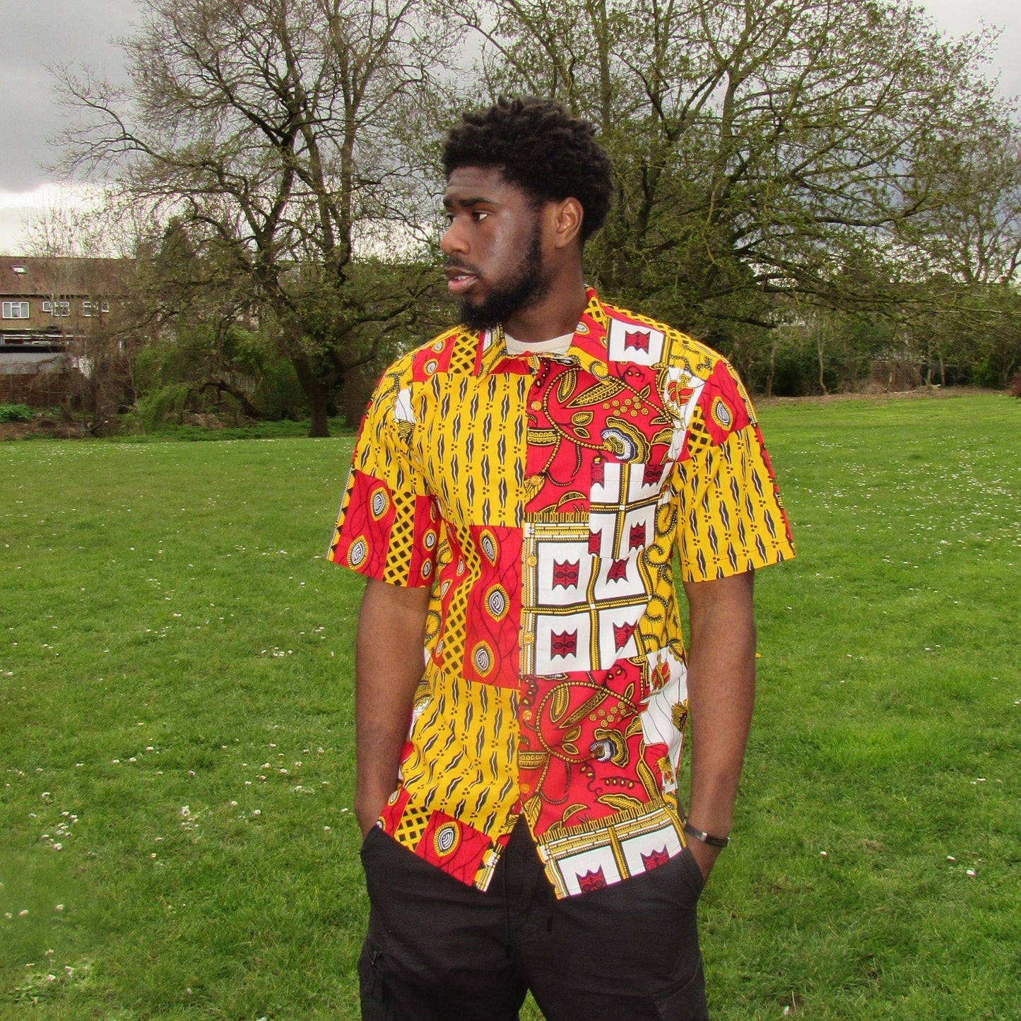 Men's African Print Short Sleeve Shirt/ Red and White