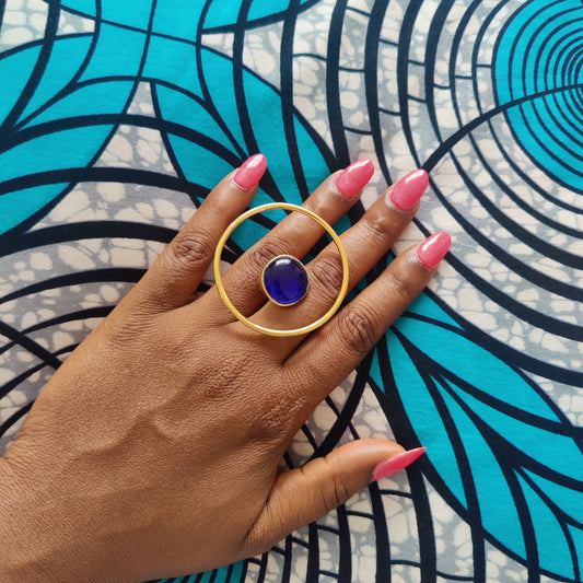 Statement Ring with Coloured Stone Chunky Golden Brass Adjustable Ring