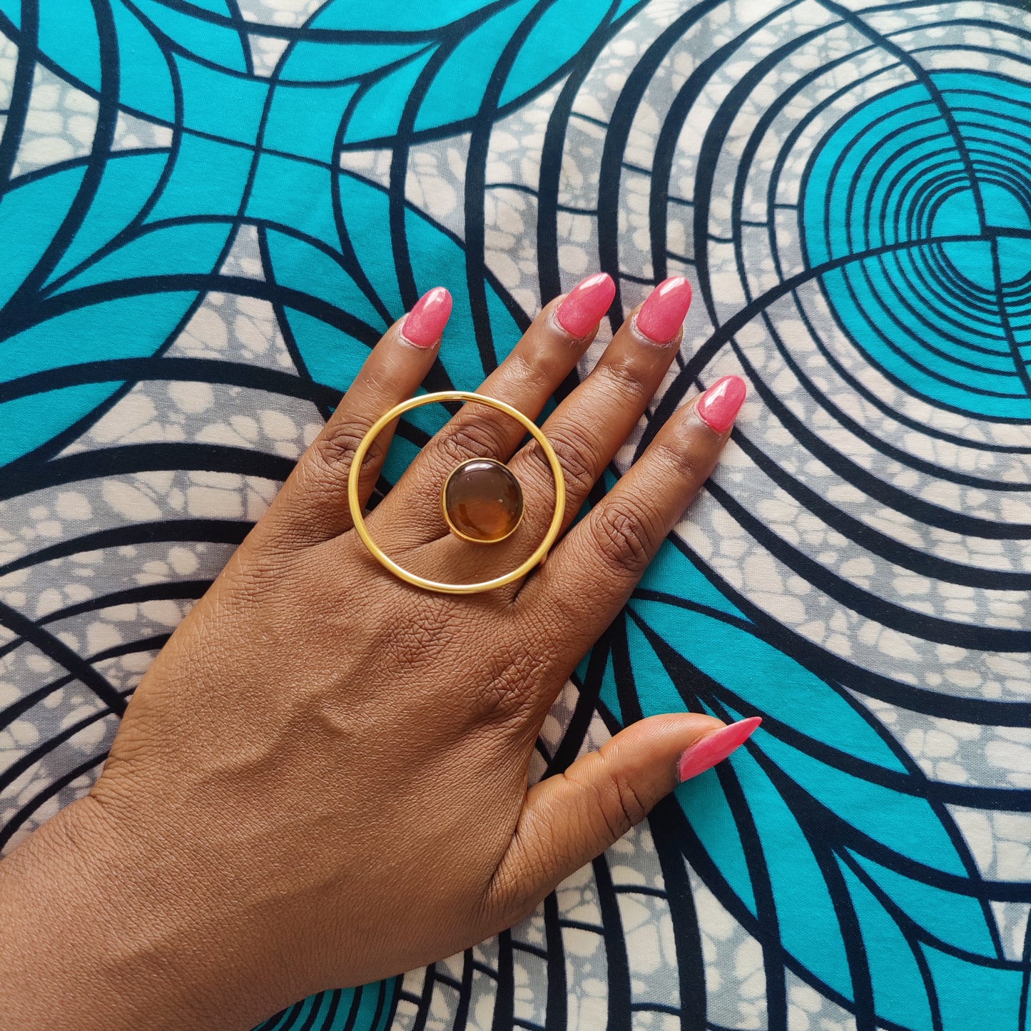 Statement Ring with Coloured Stone Chunky Golden Brass Adjustable Ring