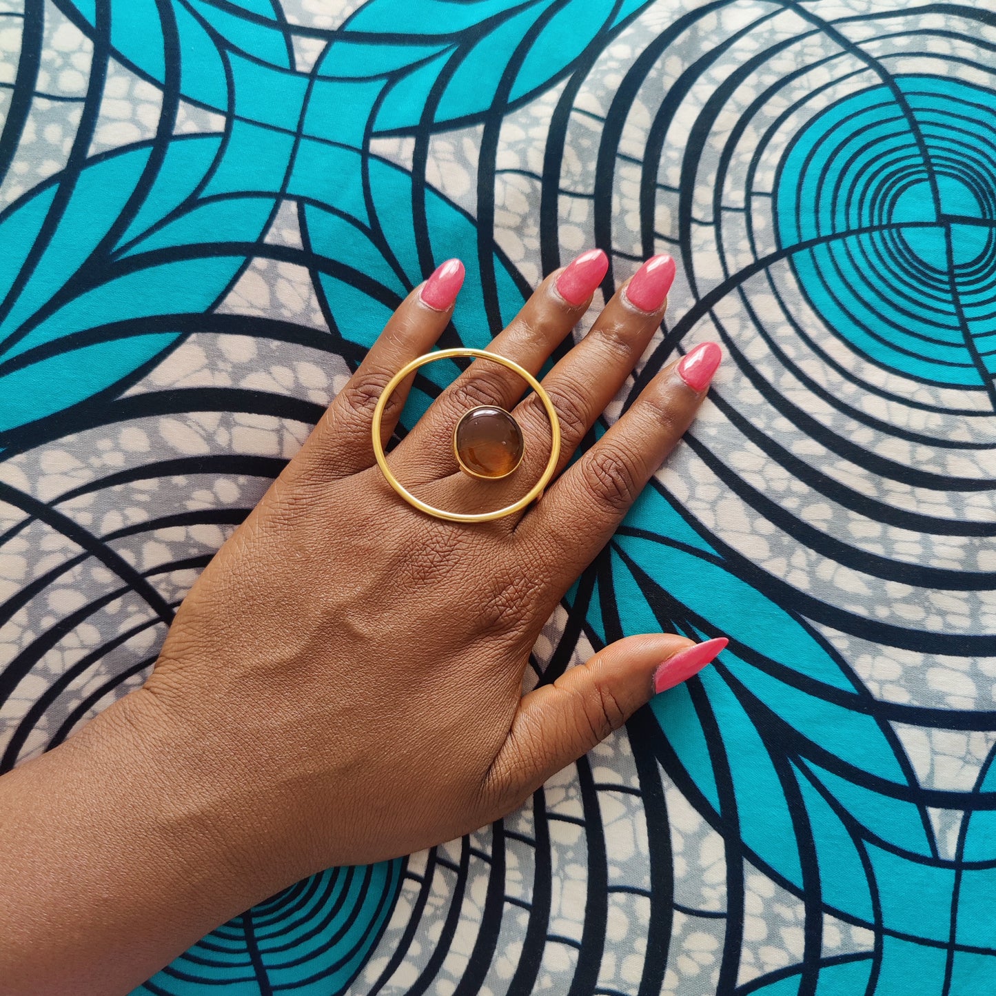 Statement Ring with Coloured Stone Chunky Golden Brass Adjustable Ring
