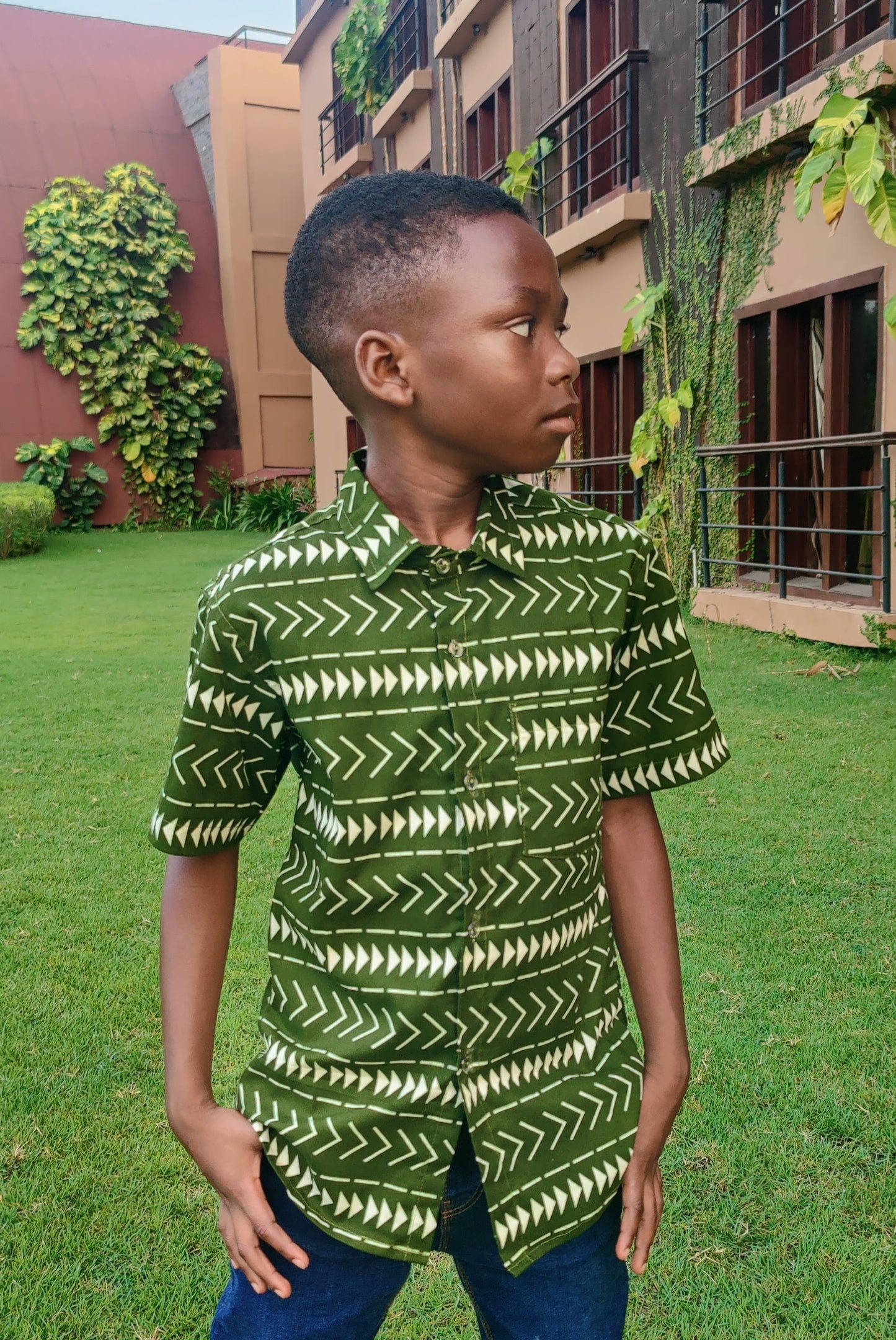 African Print Boys Shirt/ Zulu Green