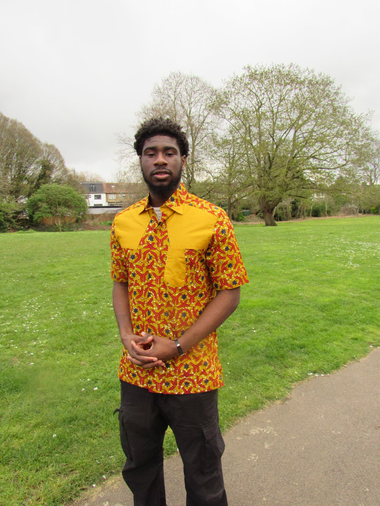 Men's African Print Short Sleeve Shirt/ Mustard