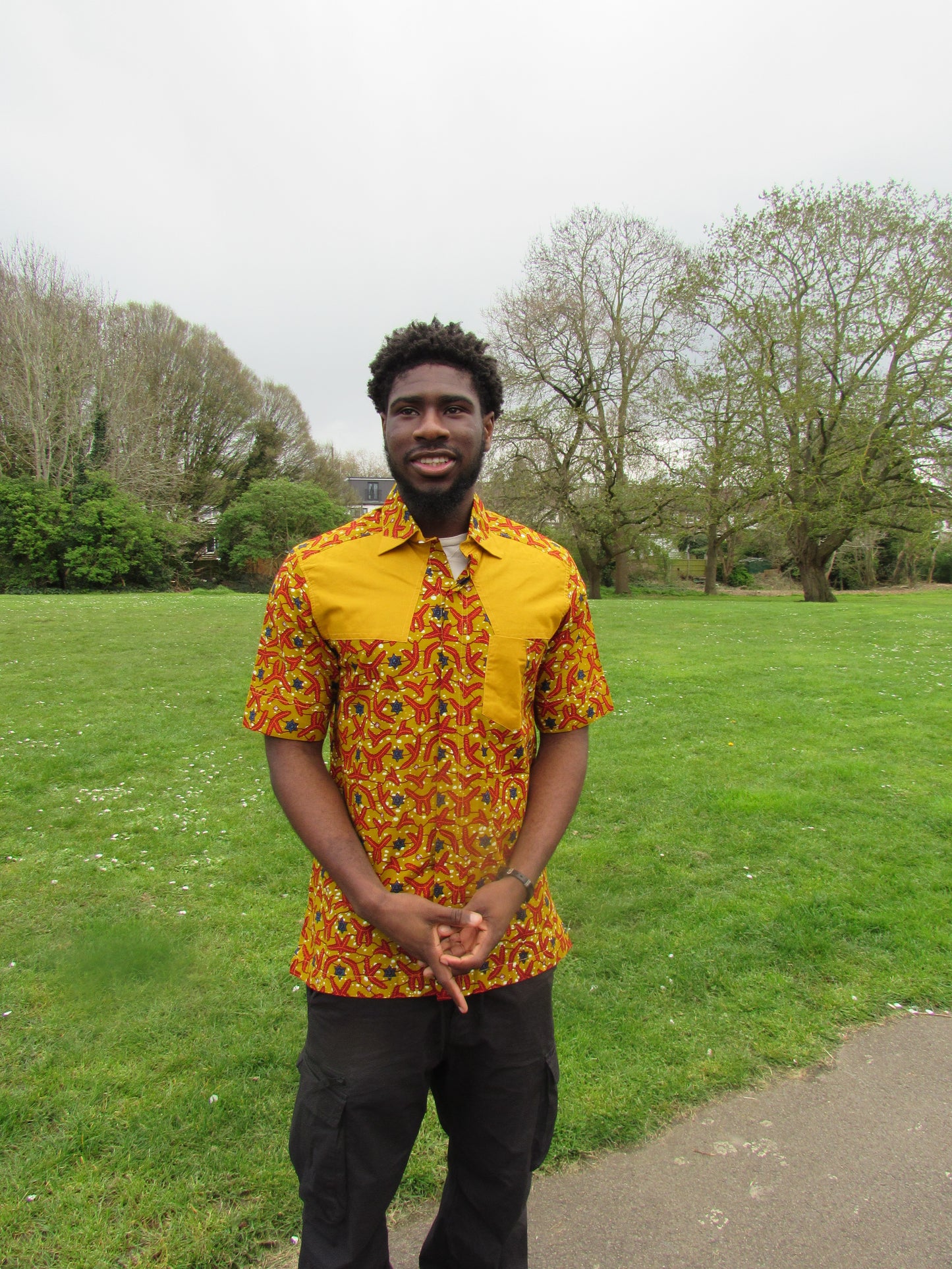 Men's African Print Short Sleeve Shirt/ Mustard