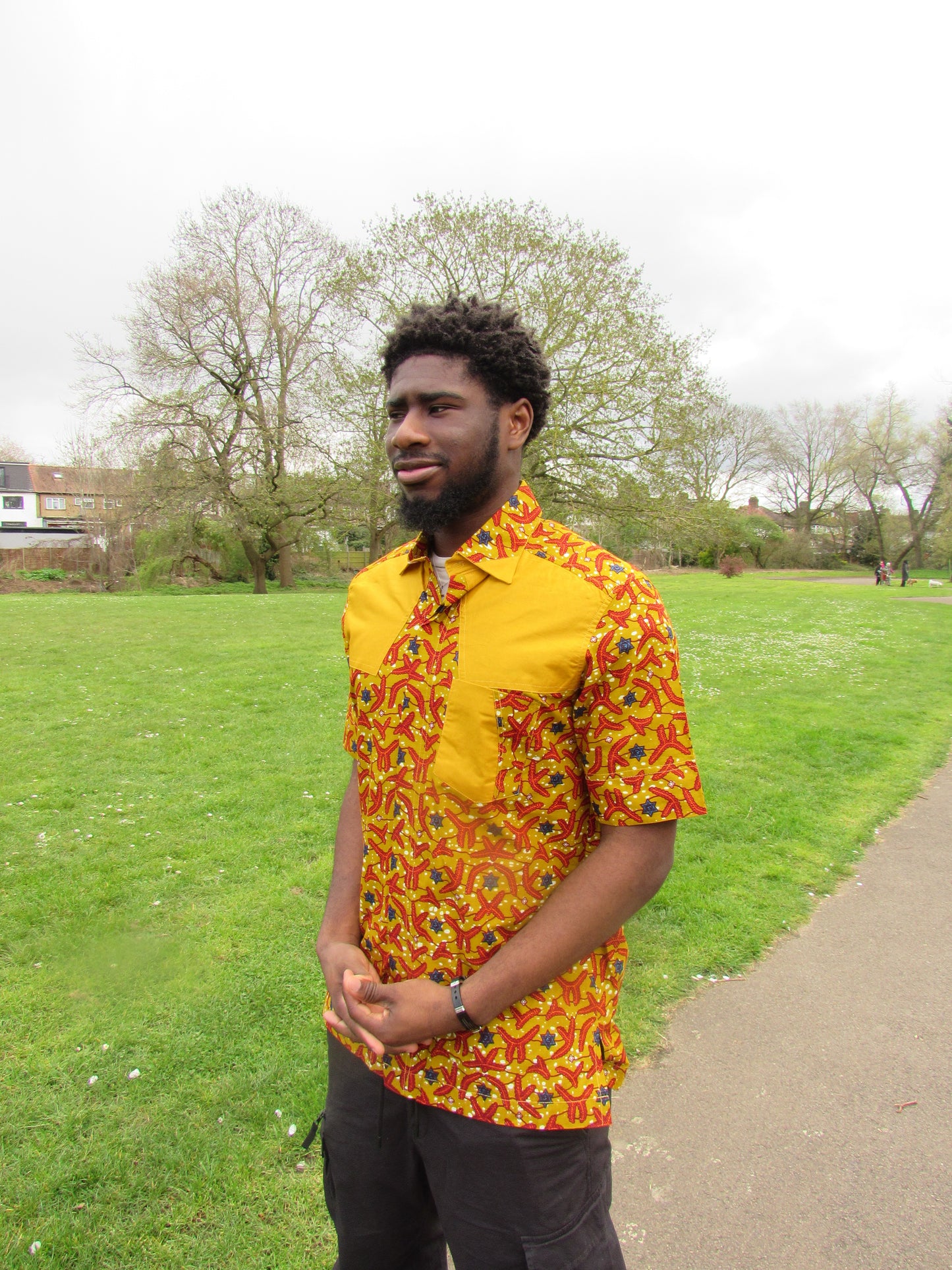 Men's African Print Short Sleeve Shirt/ Mustard