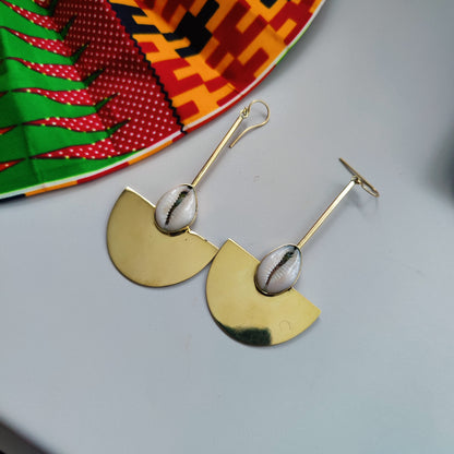 Brass and Cowrie Half Moon Earrings