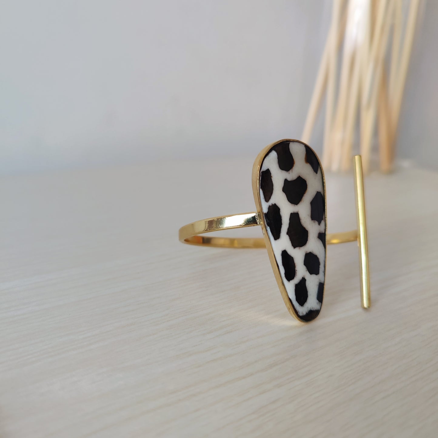 Gold Black and White Bangle and Earring Set / African brass Bracelet/ Brass Cuff bracelet/  Handcrafted