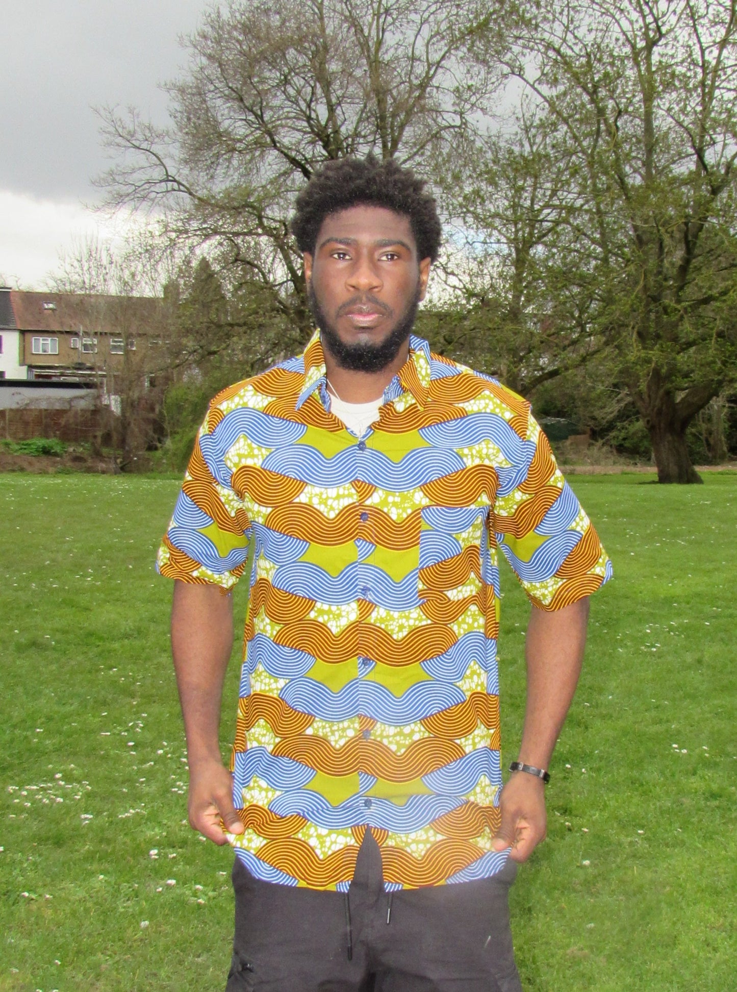 Men's African Print Short Sleeve Shirt/ Green