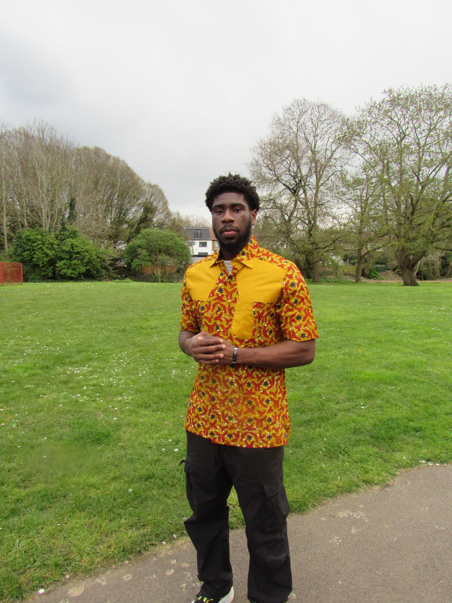 Men's African Print Short Sleeve Shirt/ Mustard