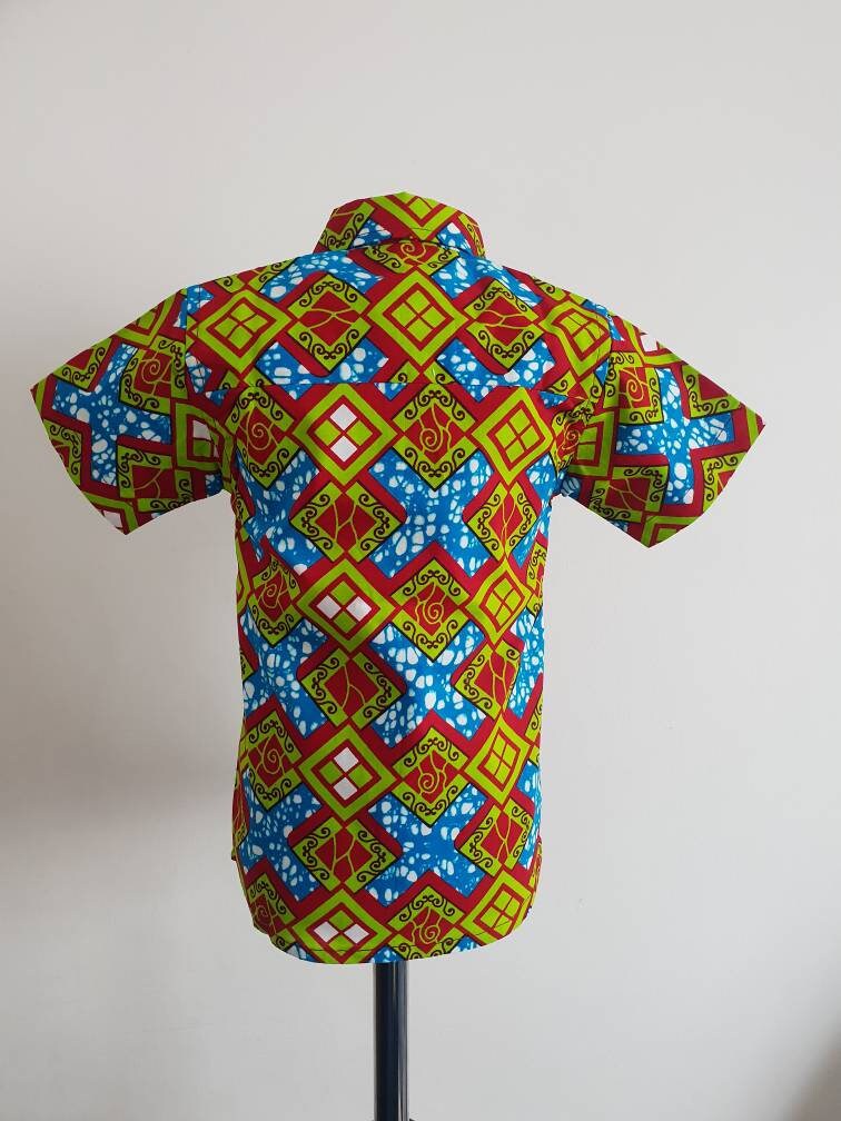Little Boys Shirt, Ankara Print, Handmade, African Print Clothes, Short Sleeve Shirt, Party Shirt, Toddler Shirt, Green Cubes