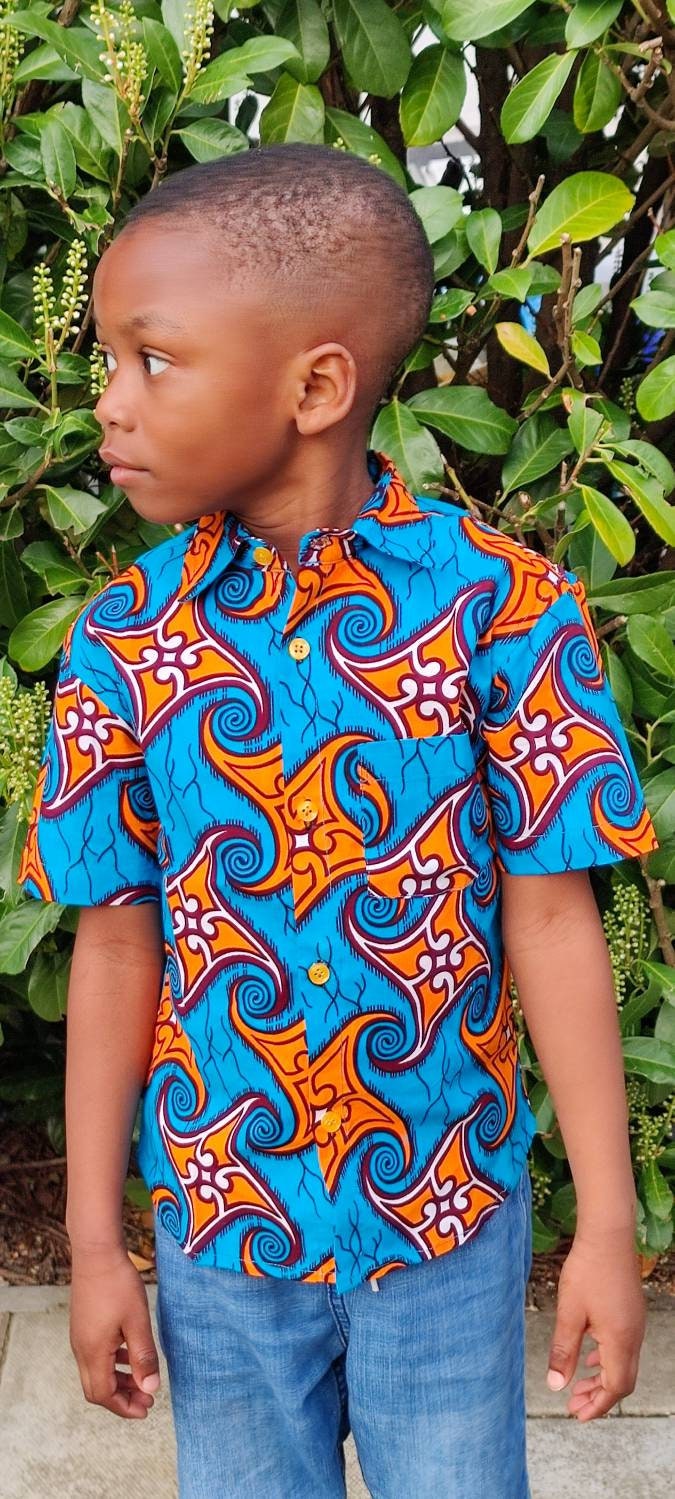 Little Boys Shirt, Ankara Print, Handmade, African Print Clothes, Short Sleeve Shirt, Party Shirt, Toddler Shirt, Waves