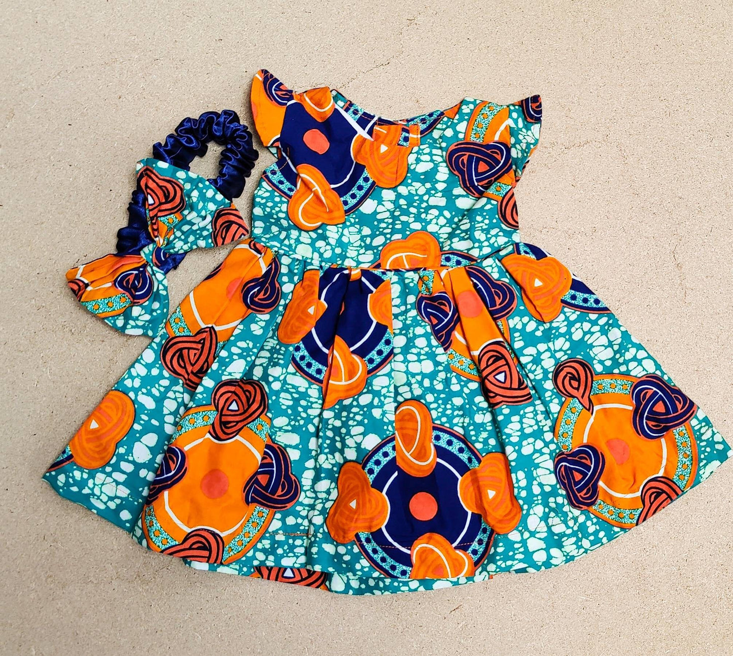 African Print  Baby Girl's Dress With Hairband /Turquoise