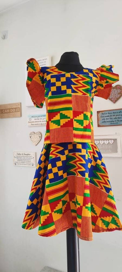 Kente Girls Party Top and Skirt Set. African Print/ankara girls dresses