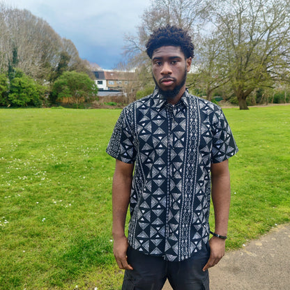 Men's African Print Short Sleeve Shirt/ Black and White