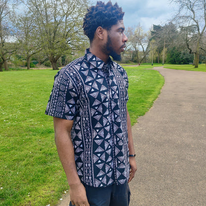 Men's African Print Short Sleeve Shirt/ Black and White