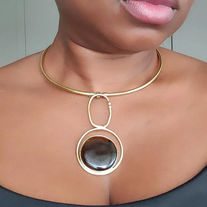 brass choker with blue pendant, Boho necklace Beaten Brass,brass necklace