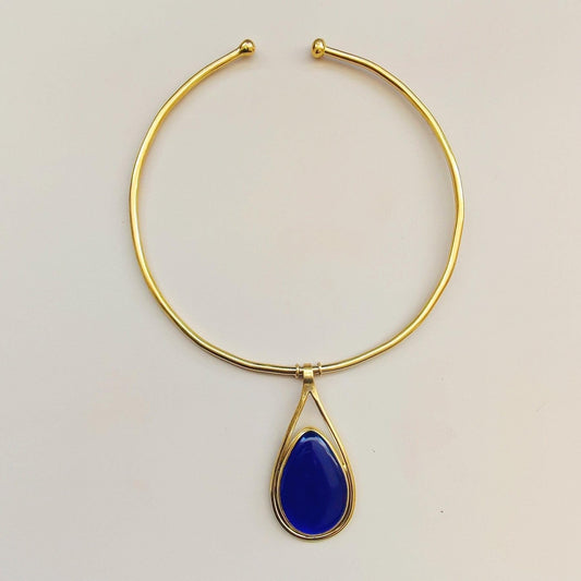 brass choker with blue pendant, Boho necklace Beaten Brass,brass necklace