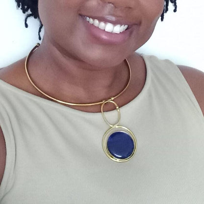 brass choker with blue pendant, Boho necklace Beaten Brass,brass necklace