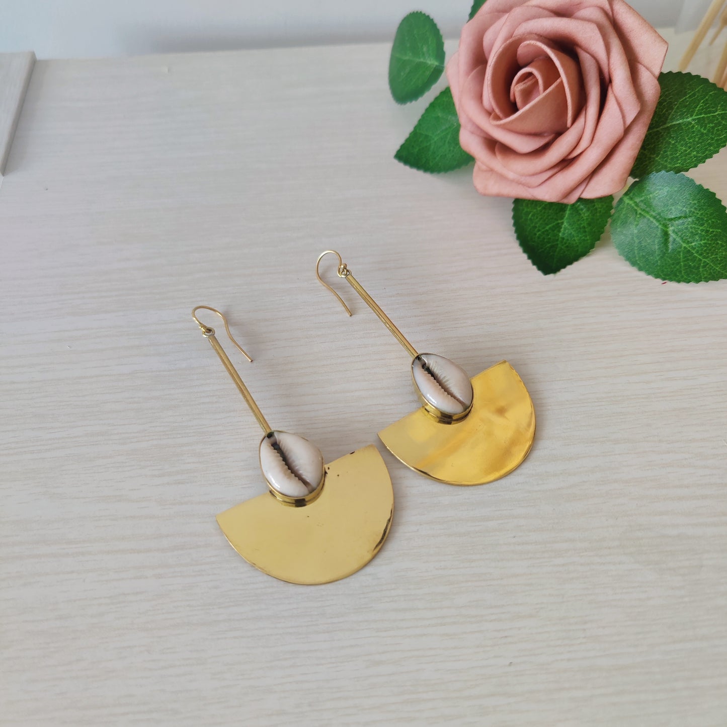 Brass and Cowrie Half Moon Earrings