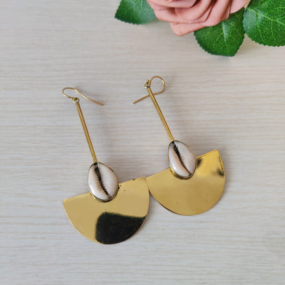 Brass and Cowrie Half Moon Earrings