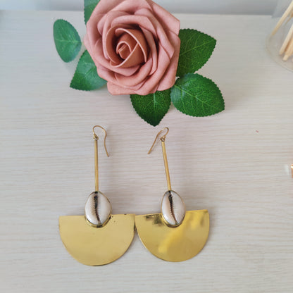 Brass and Cowrie Half Moon Earrings