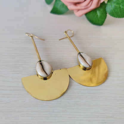 Brass and Cowrie Half Moon Earrings