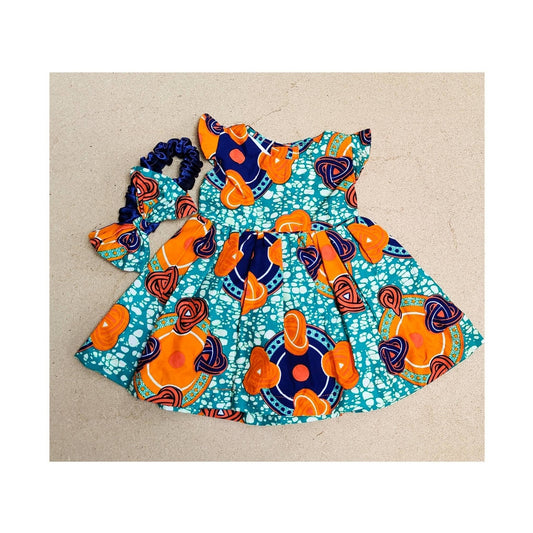 African Print  Baby Girl's Dress With Hairband /Turquoise