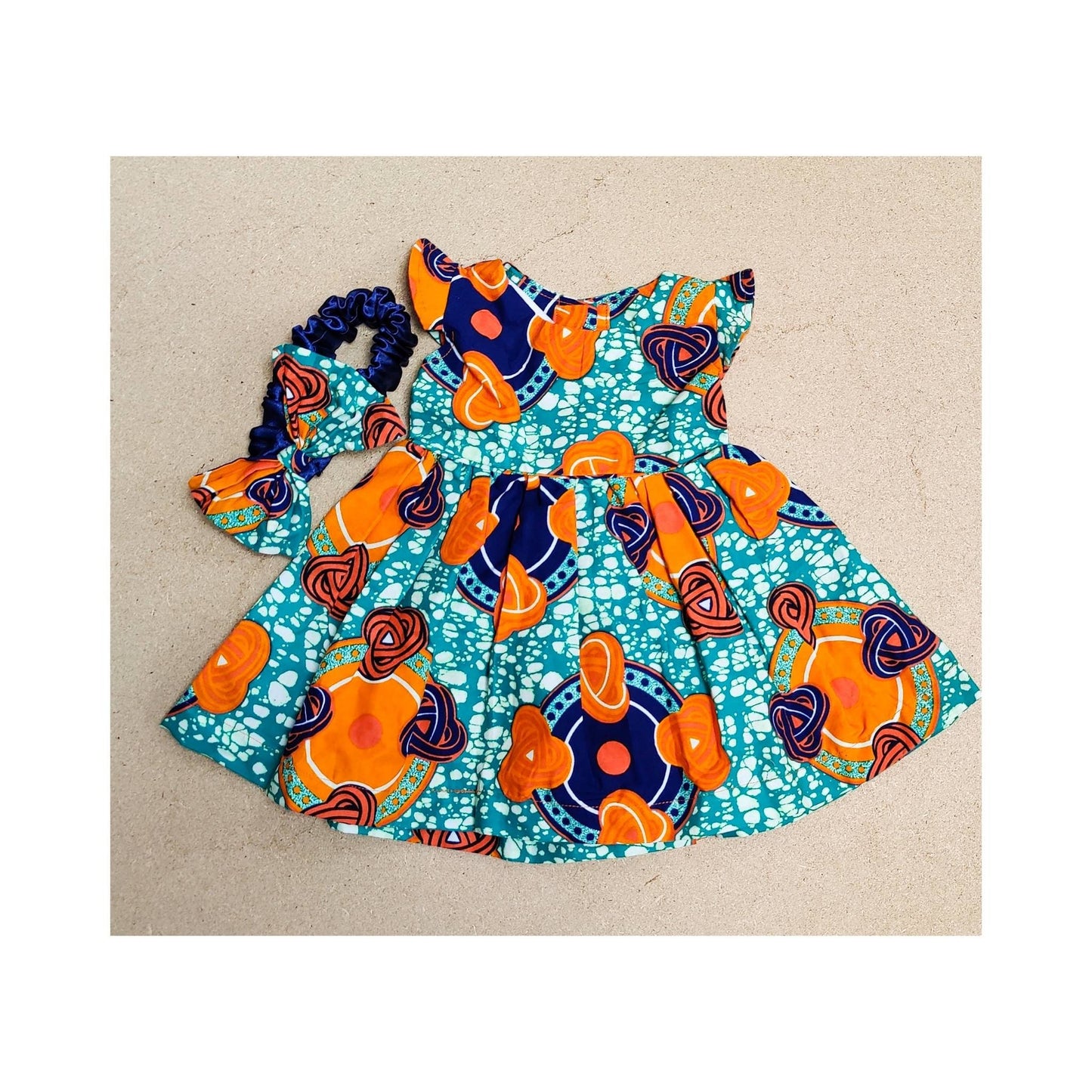 African Print  Baby Girl's Dress With Hairband /Turquoise